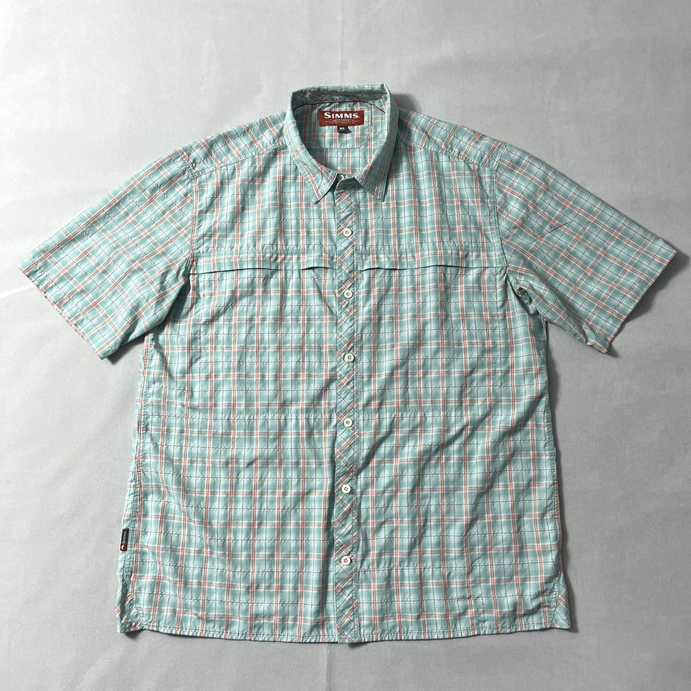 Simms Fishing Shirt Men XL Aqua Plaid Short Sleeve Performance Pockets